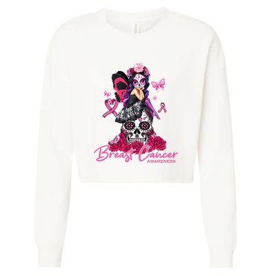 Sugar Skull Fight Breast Cancer Awareness Like A Girl Ribbon Cropped Pullover Crew