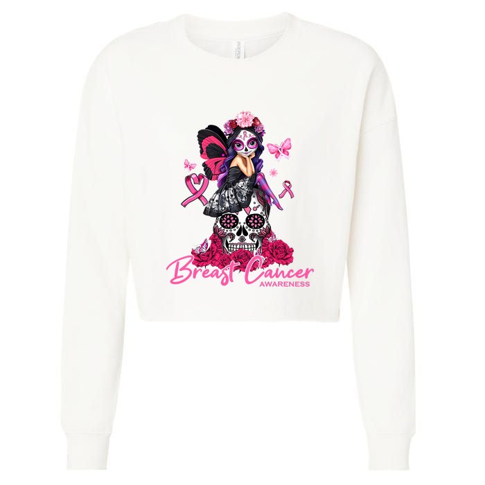 Sugar Skull Fight Breast Cancer Awareness Like A Girl Ribbon Cropped Pullover Crew