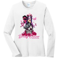 Sugar Skull Fight Breast Cancer Awareness Like A Girl Ribbon Ladies Long Sleeve Shirt