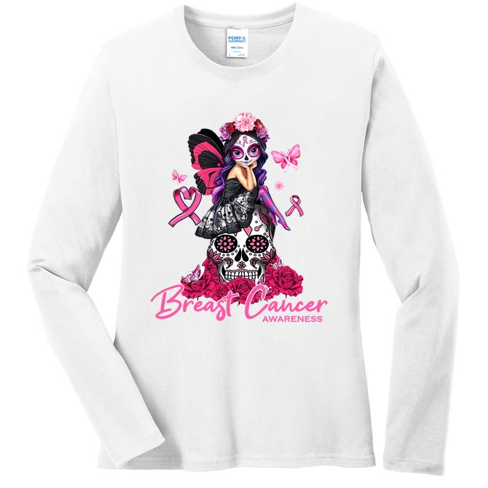 Sugar Skull Fight Breast Cancer Awareness Like A Girl Ribbon Ladies Long Sleeve Shirt