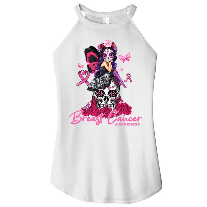 Sugar Skull Fight Breast Cancer Awareness Like A Girl Ribbon Women's Perfect Tri Rocker Tank