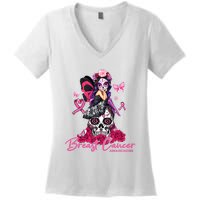 Sugar Skull Fight Breast Cancer Awareness Like A Girl Ribbon Women's V-Neck T-Shirt