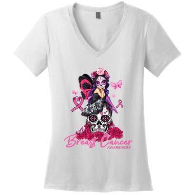 Sugar Skull Fight Breast Cancer Awareness Like A Girl Ribbon Women's V-Neck T-Shirt