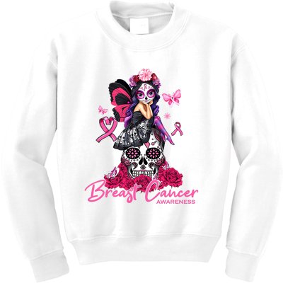 Sugar Skull Fight Breast Cancer Awareness Like A Girl Ribbon Kids Sweatshirt