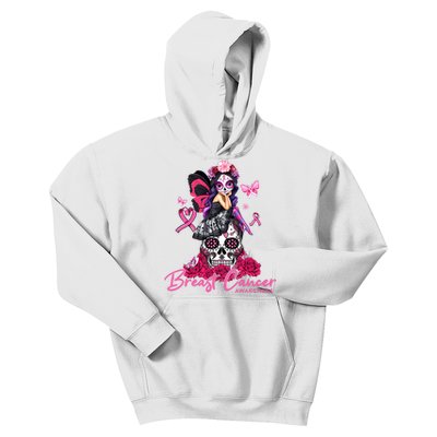 Sugar Skull Fight Breast Cancer Awareness Like A Girl Ribbon Kids Hoodie