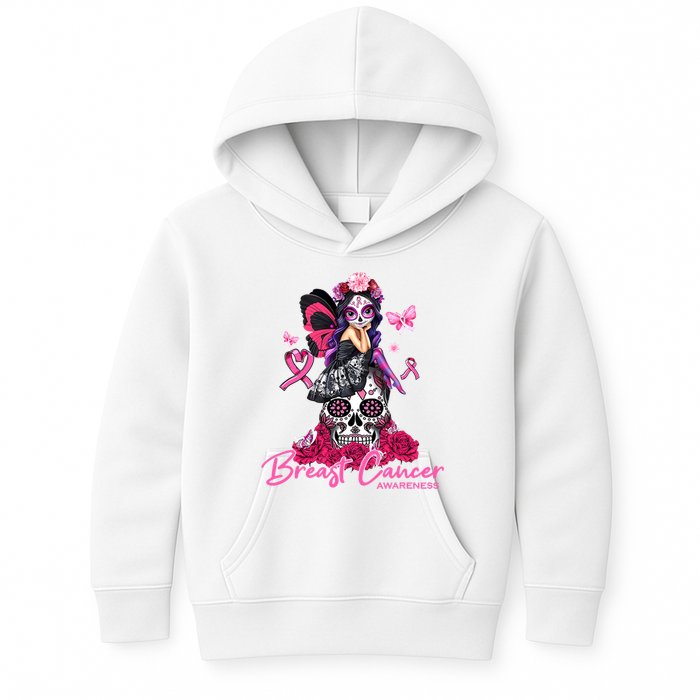 Sugar Skull Fight Breast Cancer Awareness Like A Girl Ribbon Kids Hoodie