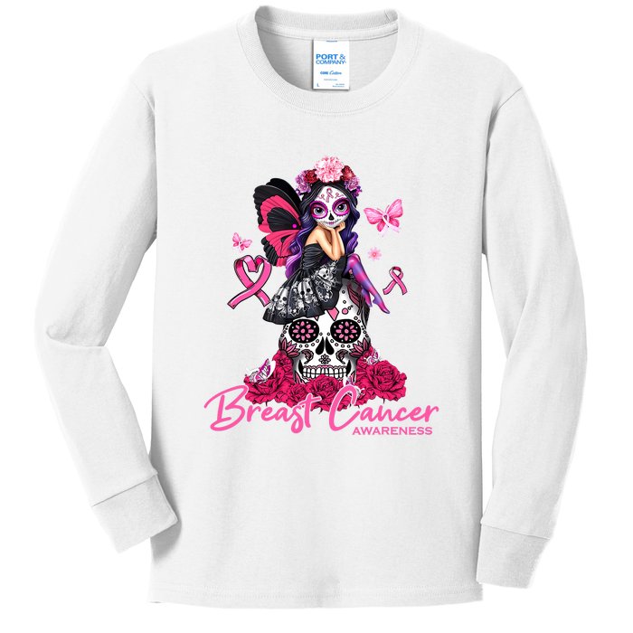 Sugar Skull Fight Breast Cancer Awareness Like A Girl Ribbon Kids Long Sleeve Shirt