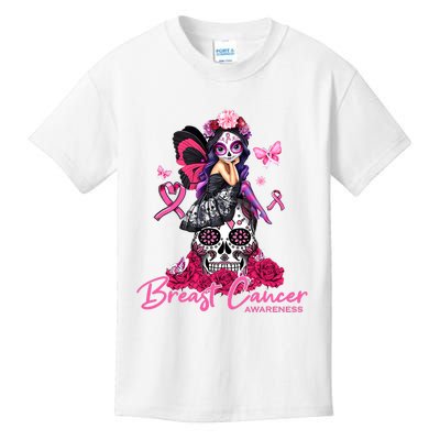 Sugar Skull Fight Breast Cancer Awareness Like A Girl Ribbon Kids T-Shirt