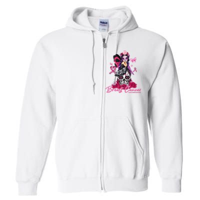 Sugar Skull Fight Breast Cancer Awareness Like A Girl Ribbon Full Zip Hoodie