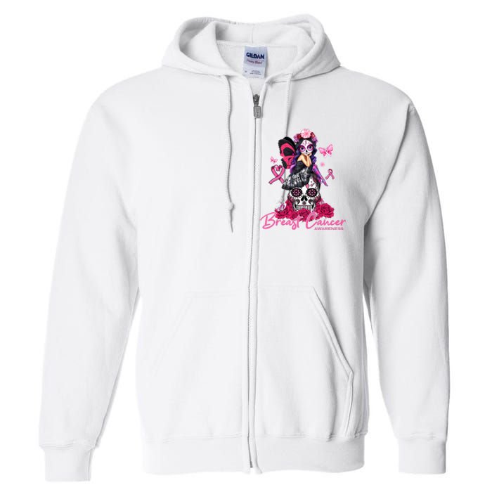 Sugar Skull Fight Breast Cancer Awareness Like A Girl Ribbon Full Zip Hoodie