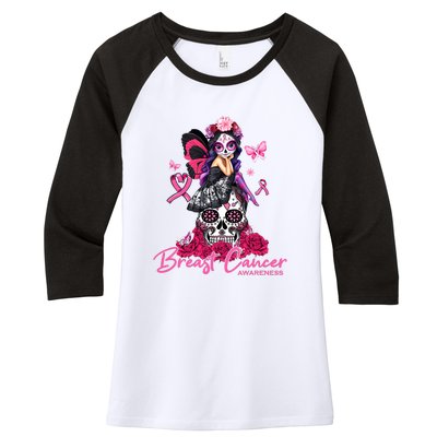 Sugar Skull Fight Breast Cancer Awareness Like A Girl Ribbon Women's Tri-Blend 3/4-Sleeve Raglan Shirt