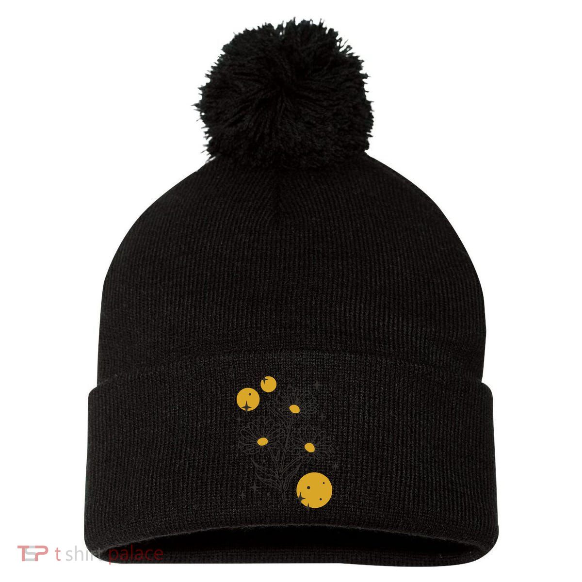 Sunflower Spring Floral Pom Pom 12in Knit Beanie