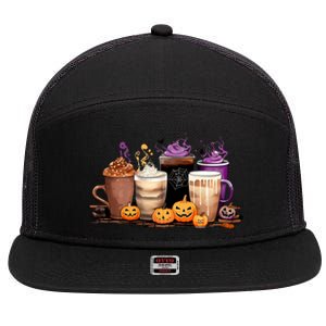 Spooky Season Fall Coffee Horror Movie And Coffee Halloween Gift 7 Panel Mesh Trucker Snapback Hat