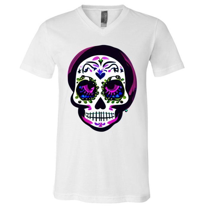 Sugar Skull Funny Cinco De Mayo T Graphic V-Neck T-Shirt