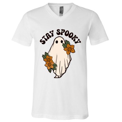 Stay Spooky Floral Ghost Funny Halloween Spooky Season Boo Funny Gift V-Neck T-Shirt