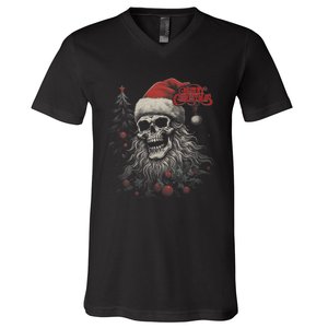 Skeleton Skull Funny Merry Christmas Santa Matching Family V-Neck T-Shirt