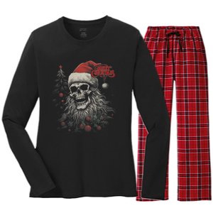 Skeleton Skull Funny Merry Christmas Santa Matching Family Women's Long Sleeve Flannel Pajama Set 