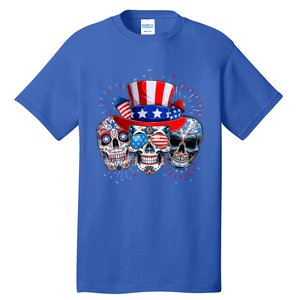 Skull Sunglasses Firework American Flag Funny 4th Of July Great Gift Tall T-Shirt