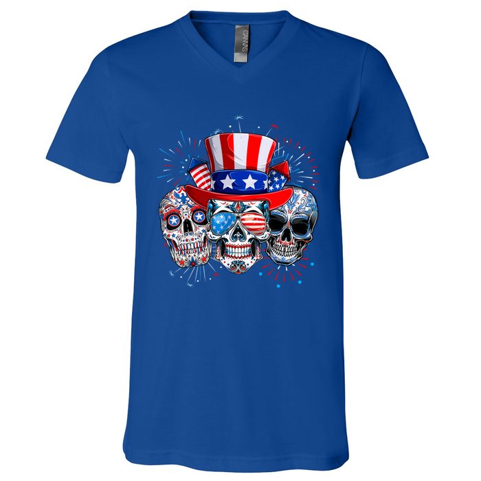 Skull Sunglasses Firework American Flag Funny 4th Of July Great Gift V-Neck T-Shirt