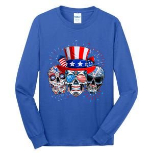 Skull Sunglasses Firework American Flag Funny 4th Of July Great Gift Tall Long Sleeve T-Shirt