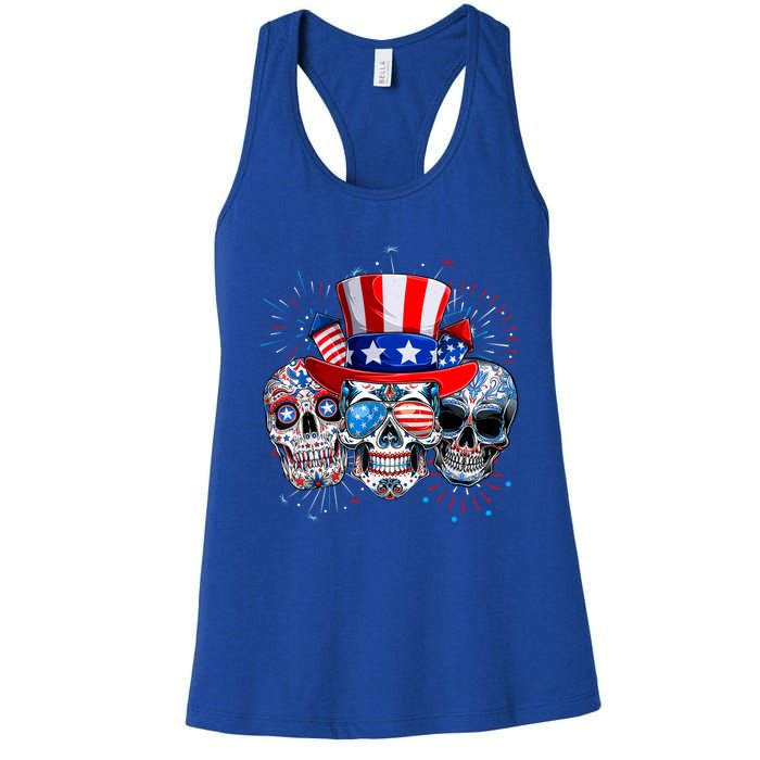 Skull Sunglasses Firework American Flag Funny 4th Of July Great Gift Women's Racerback Tank