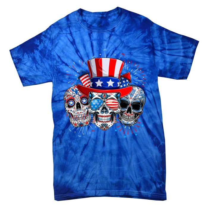 Skull Sunglasses Firework American Flag Funny 4th Of July Great Gift Tie-Dye T-Shirt