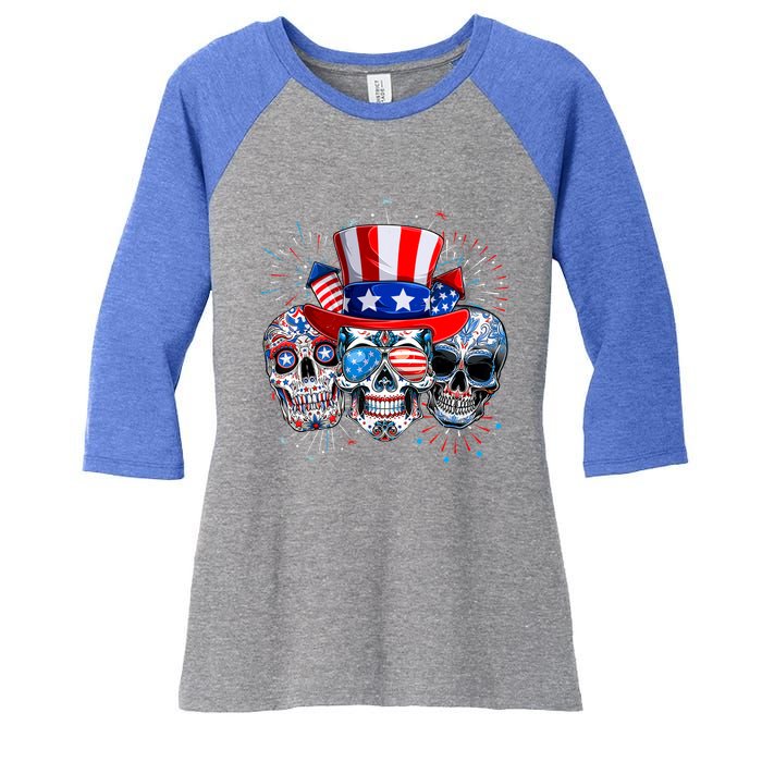 Skull Sunglasses Firework American Flag Funny 4th Of July Great Gift Women's Tri-Blend 3/4-Sleeve Raglan Shirt