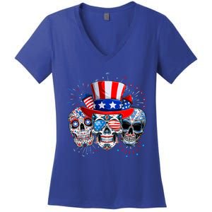 Skull Sunglasses Firework American Flag Funny 4th Of July Great Gift Women's V-Neck T-Shirt