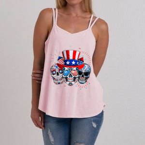 Skull Sunglasses Firework American Flag Funny 4th Of July Great Gift Women's Strappy Tank