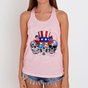 Skull Sunglasses Firework American Flag Funny 4th Of July Great Gift Women's Knotted Racerback Tank