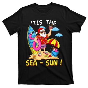 Santa Surf Flamingo Float Tis The Sea Sun Christmas In July T-Shirt