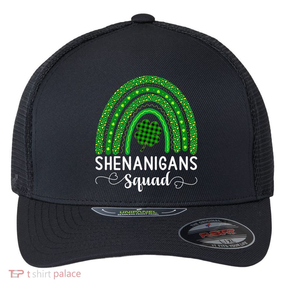Shenanigans Squad Funny St Patricks Day Shamrock Flexfit Unipanel Trucker Cap