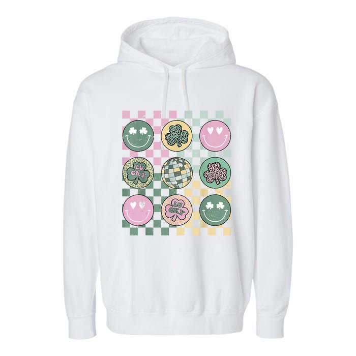 Shamrock Smile Face Disco Retro Groovy St Patricks Day Lucky Garment-Dyed Fleece Hoodie