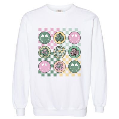 Shamrock Smile Face Disco Retro Groovy St Patricks Day Lucky Garment-Dyed Sweatshirt