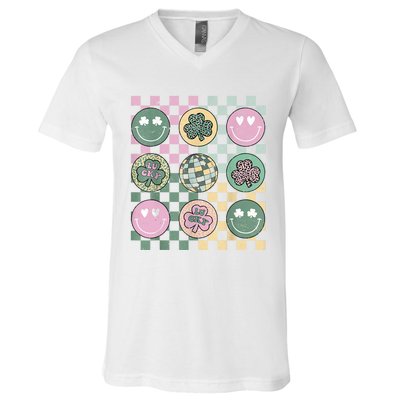 Shamrock Smile Face Disco Retro Groovy St Patricks Day Lucky V-Neck T-Shirt