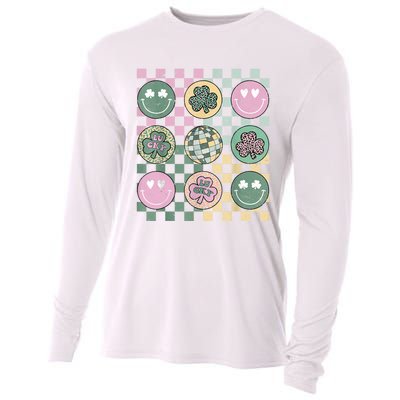 Shamrock Smile Face Disco Retro Groovy St Patricks Day Lucky Cooling Performance Long Sleeve Crew