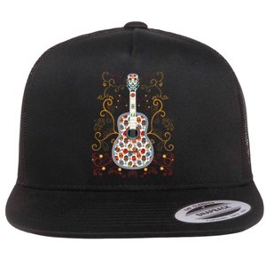 Sugar Skull Guitar Art Design Beautiful colorful guitar Flat Bill Trucker Hat