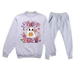 Spooky Season Ghost Retro Groovy Halloween Women Girl Premium Crewneck Sweatsuit Set