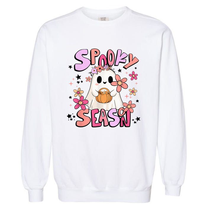 Spooky Season Ghost Retro Groovy Halloween Women Girl Garment-Dyed Sweatshirt