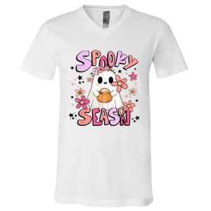 Spooky Season Ghost Retro Groovy Halloween Women Girl V-Neck T-Shirt