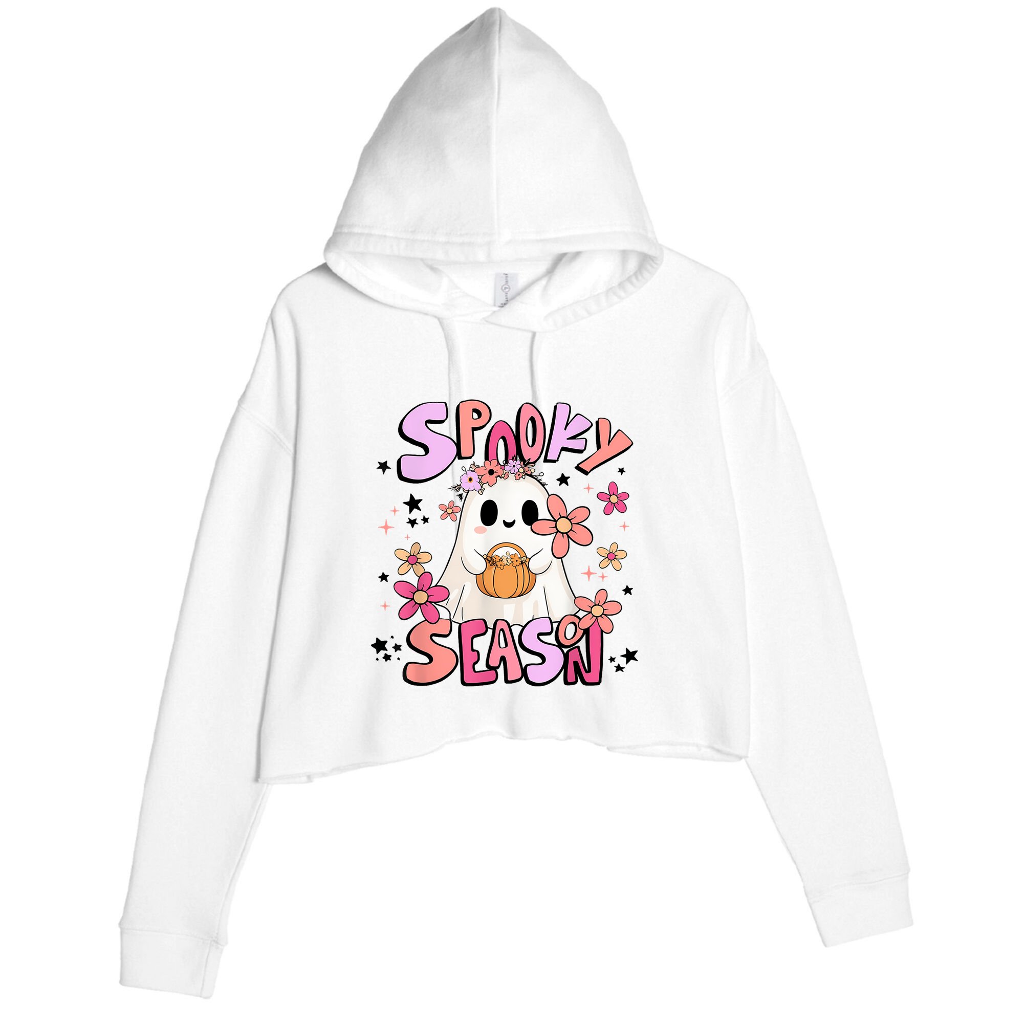Spooky Season Ghost Retro Groovy Halloween Women Girl Crop Fleece Hoodie