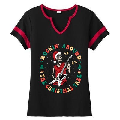 Santa Skeleton Guitar Guy Christmas Rock Band Xmas Musician Gift Ladies Halftime Notch Neck Tee