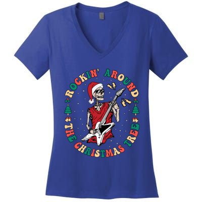 Santa Skeleton Guitar Guy Christmas Rock Band Xmas Musician Gift Women's V-Neck T-Shirt