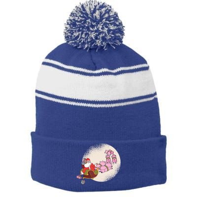 Santa Sleigh Gift With Flying Pigs And Christmas Presents Cool Gift Stripe Pom Pom Beanie