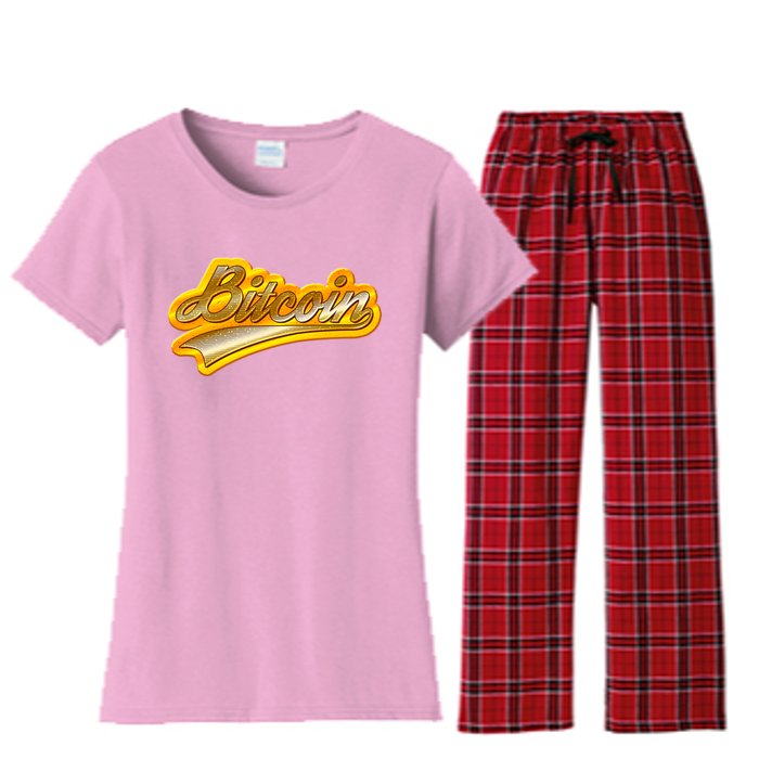 Sporty Style Gold Bitcoin Women's Flannel Pajama Set