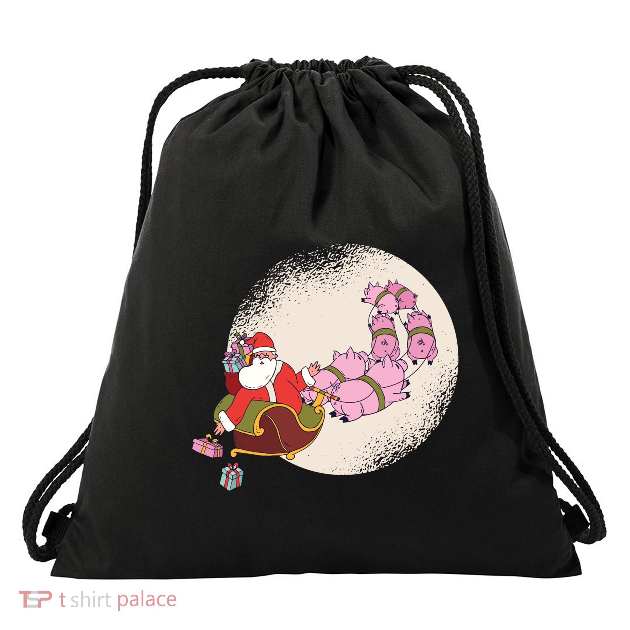 Santa Sleigh Gift With Flying Pigs And Christmas Presents Cute Gift Drawstring Bag