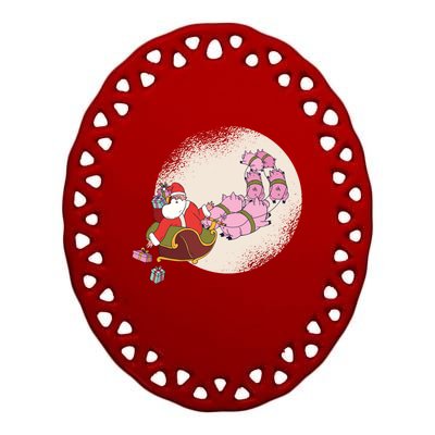 Santa Sleigh Gift With Flying Pigs And Christmas Presents Cute Gift Ceramic Oval Ornament