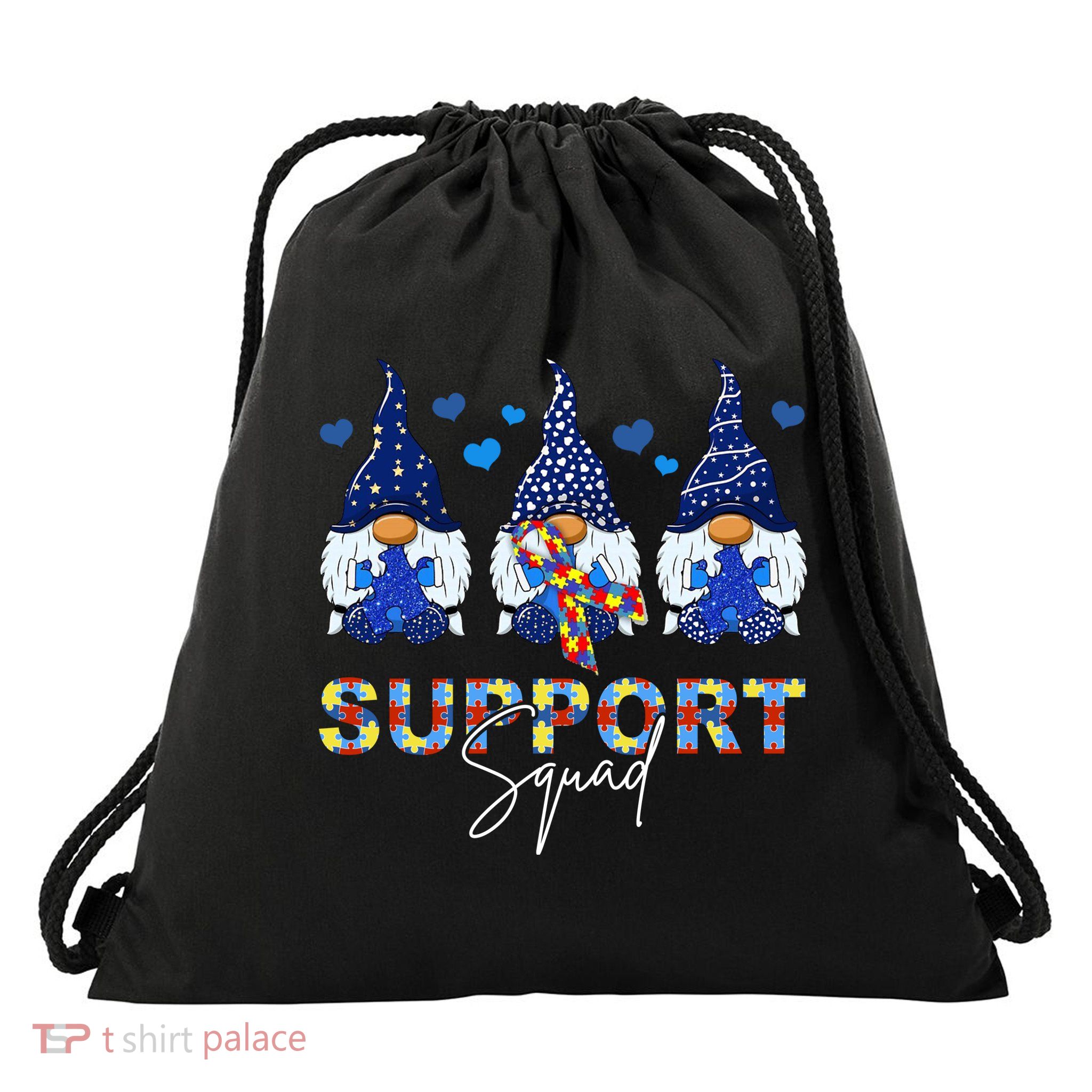 Support Squad Gnome Autism Awareness Month Drawstring Bag