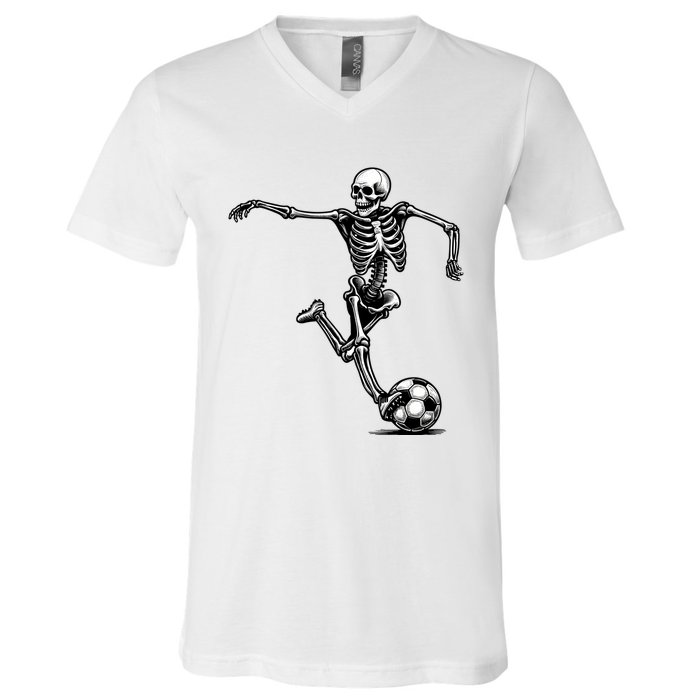 Skeleton Soccer Halloween Costume Funny V-Neck T-Shirt