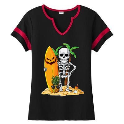 Skeleton Surfing Halloween Hawaii Hawaiian Surfer Ladies Halftime Notch Neck Tee